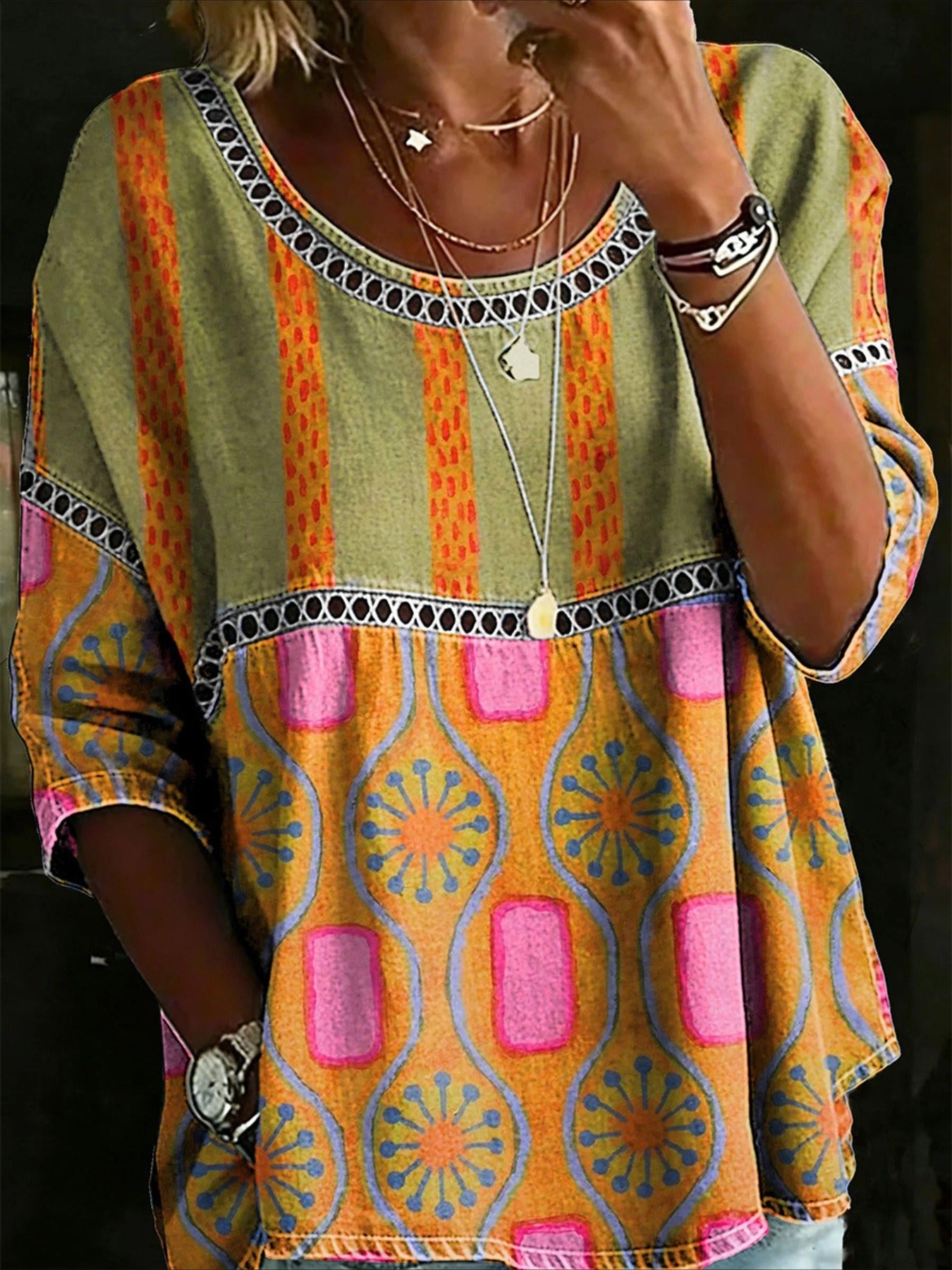 Flower Printed Mid Sleeve Pleated Round Neck Top
