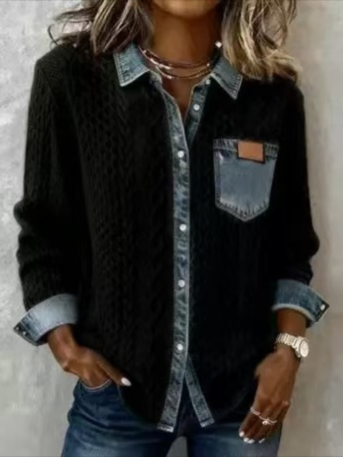 Multicolor Block Denim Patchwork Elegant Loose Shawl Collar Cardigan