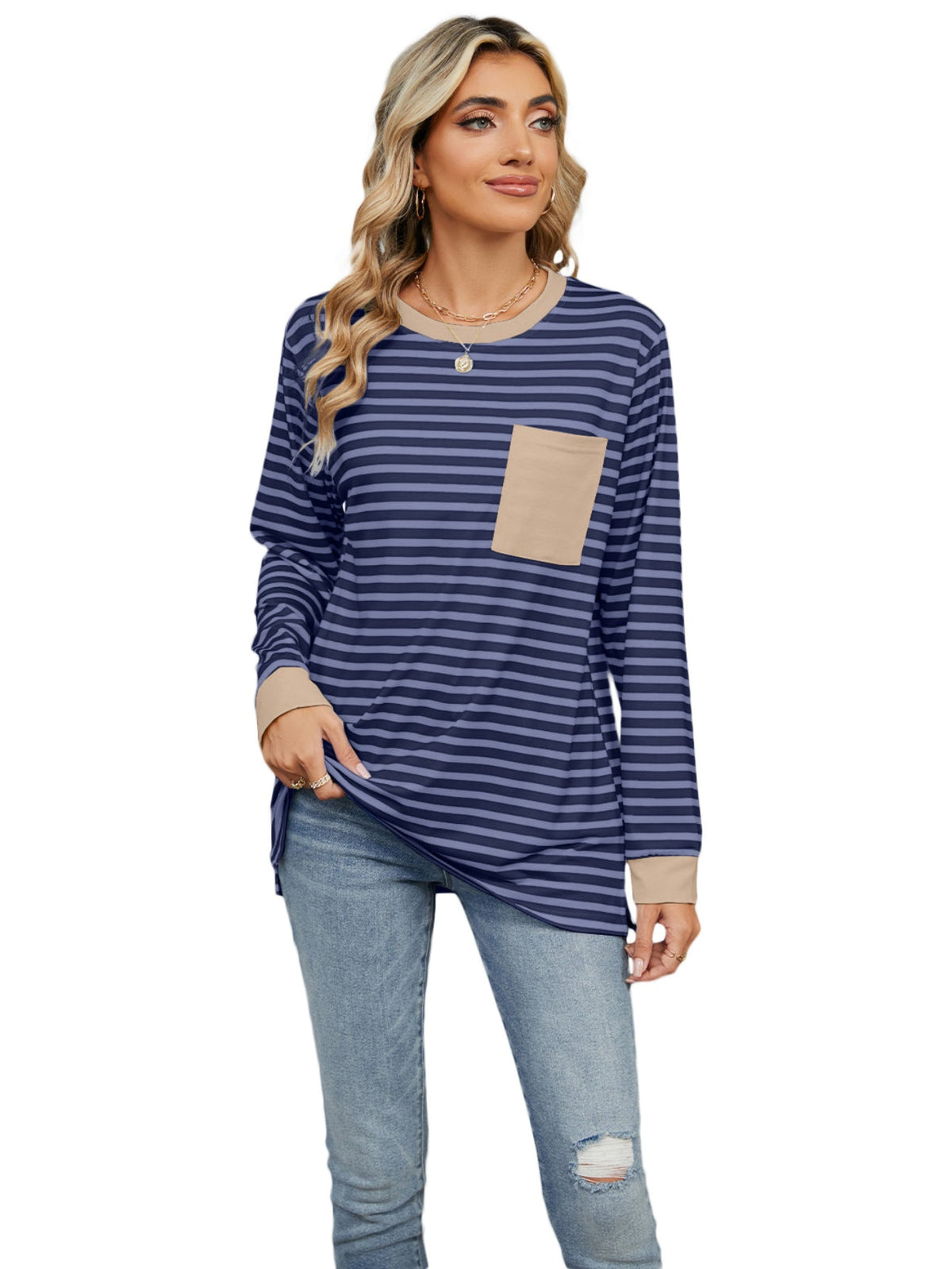 Women's Striped Long Sleeve Shirts Color Block Loose Pullover Tops Crew Neck Casual Blouse Sweatshirts Fall Outfits