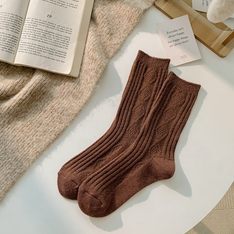 2/6 Pairs Thick & Warm Cream Color Socks, Retro Art Pattern Mid Tube Socks