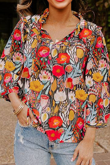Black Floral 3/4 Puff Sleeve Tied Neck Blouse