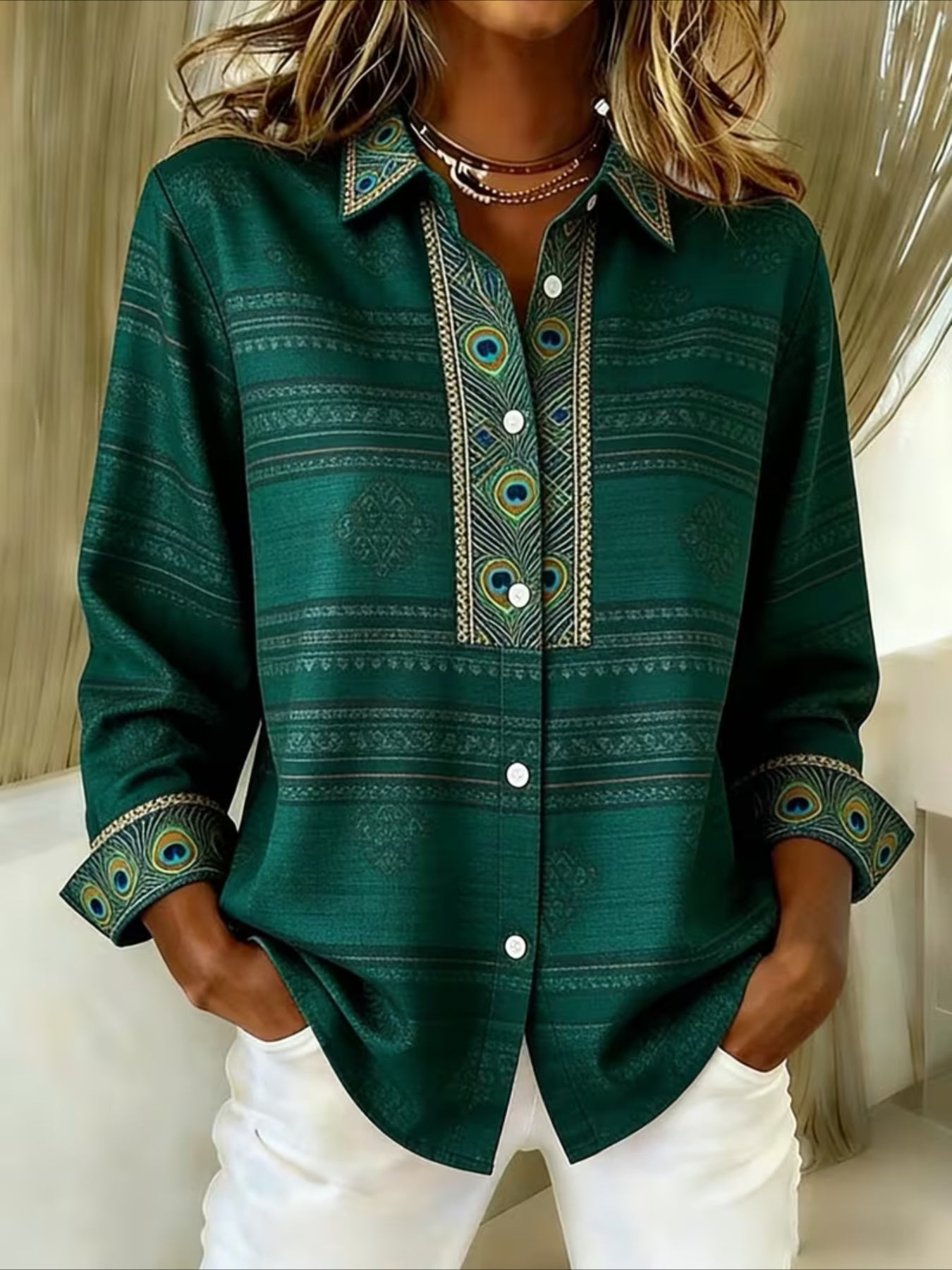 Peacock Feather Print V Neck Long Sleeve Plain Regular Micro-Elasticity Regular Fit Shirt