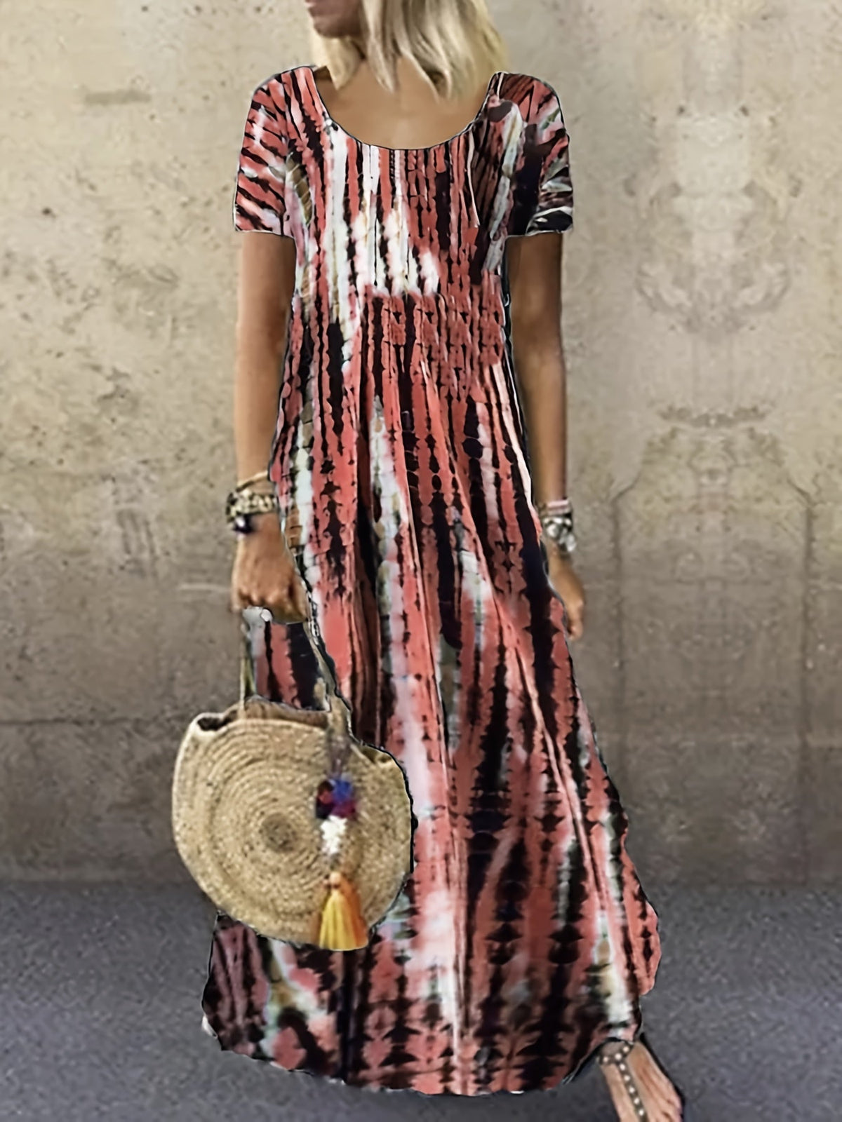 Tie Dye Striped Dress, Casual Crew Neck Short Sleeve Ankle Dress