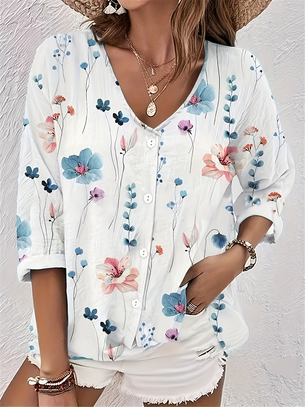 Women's Floral Print Button Up Half Sleeve V Neck Top