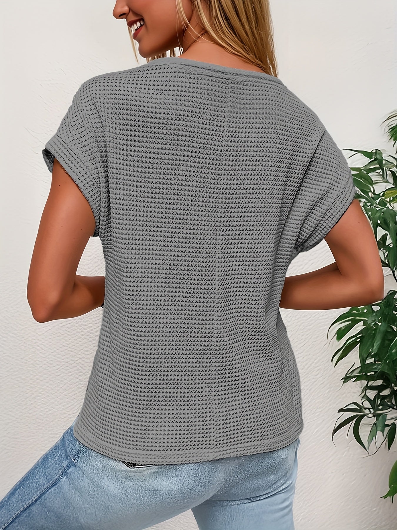 Casual Crew Neck Waffle Loose Solid Color Tops