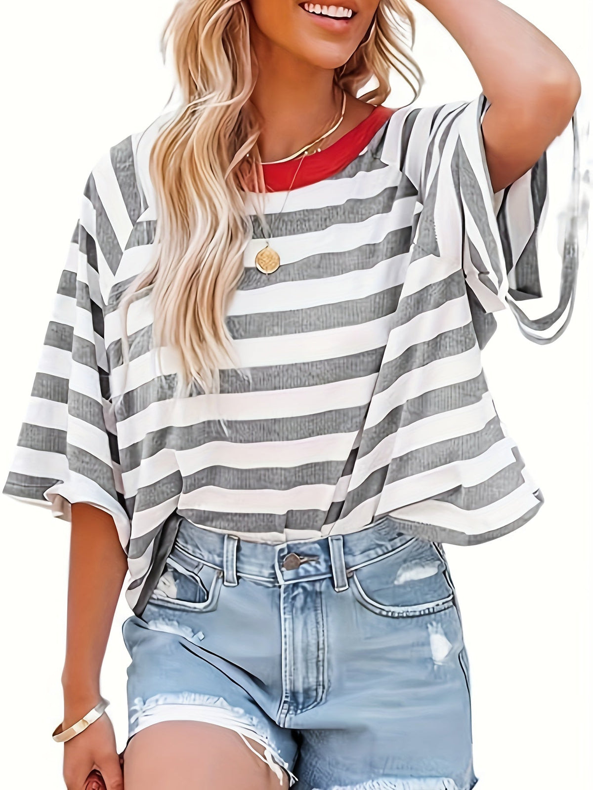 Striped Drop Shoulder Loose T-Shirt, Casual Short Sleeve T-Shirt
