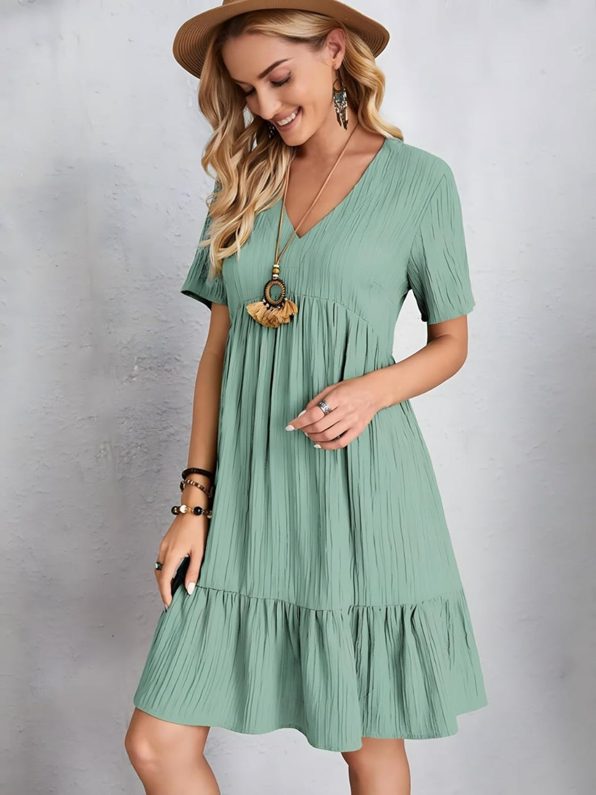 Short Sleeve V Neck Ruffle Mid Dress