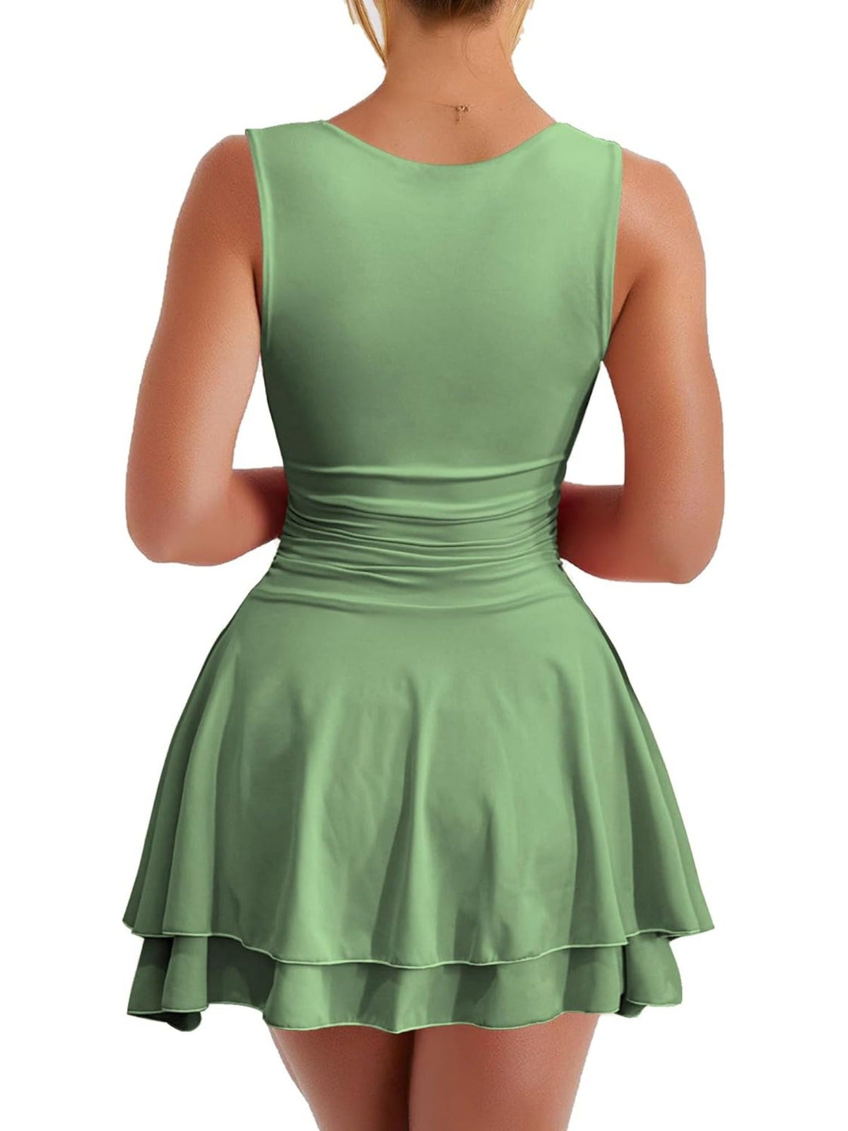 Solid Color Square Neck Ruffle Hem Ruched Waist Mini Dress