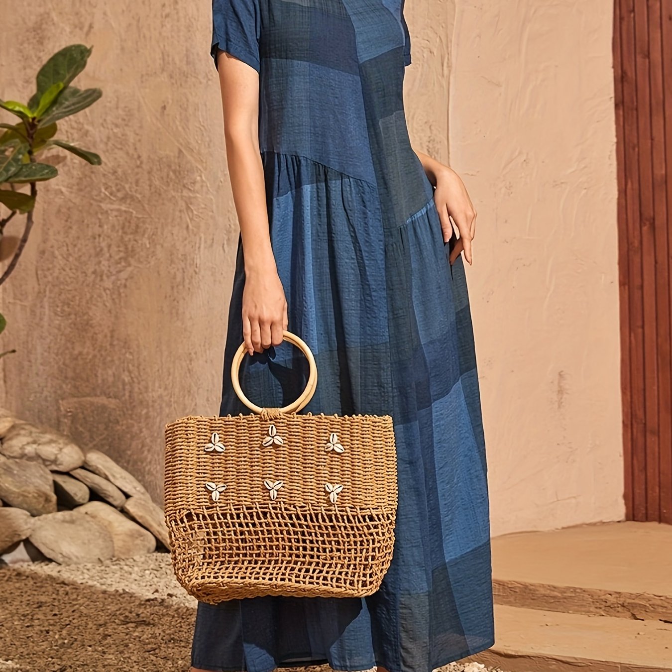 Loose Color Block Dress, Crew Neck Short Sleeve Vacation Dress, Casual Every Day Dress