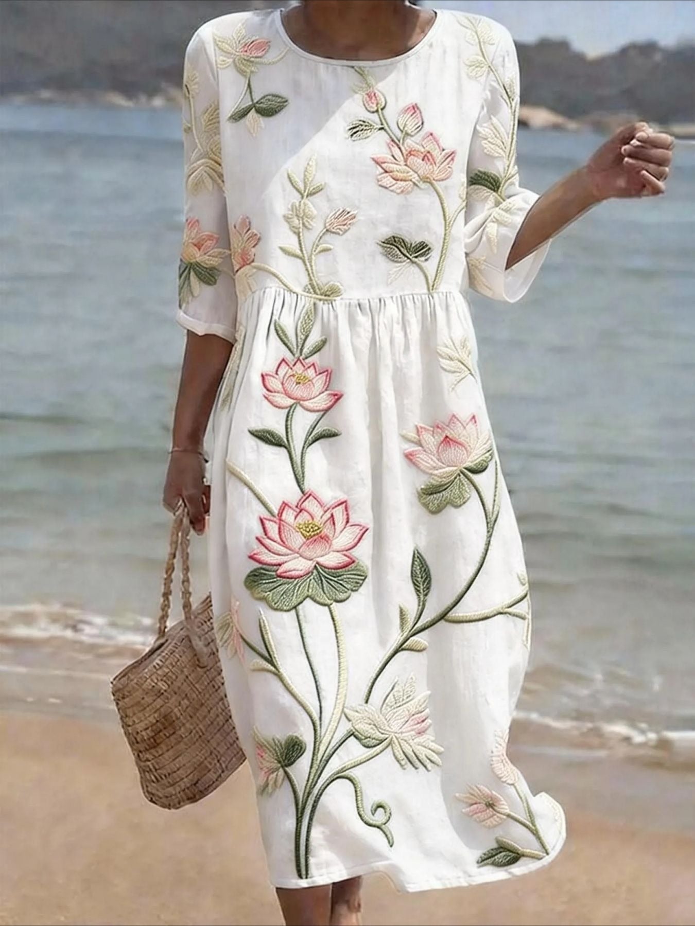 Casual Round Neck Mid Sleeve Printed Dress