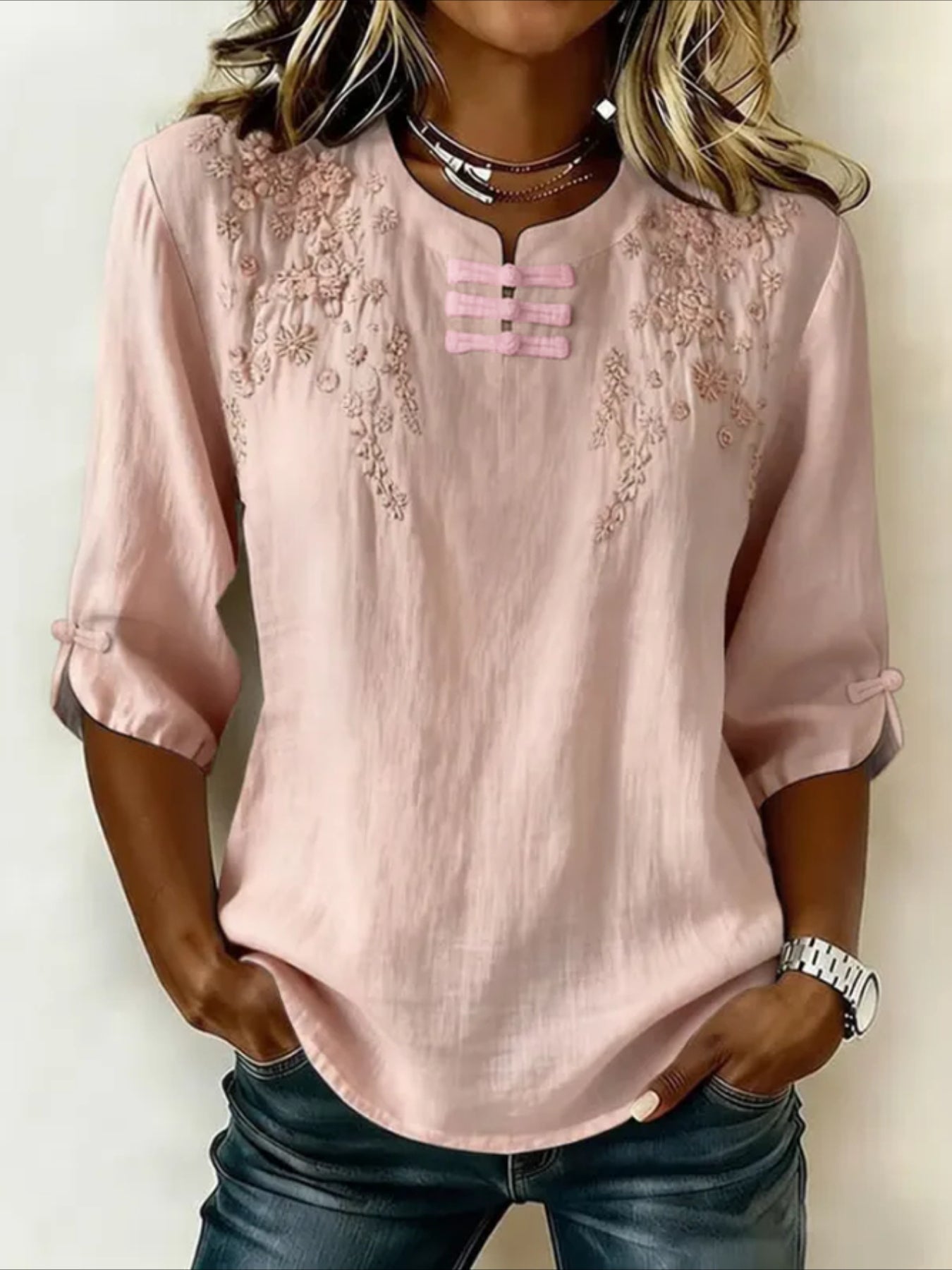 Half Sleeve Floral Buckle Mandarin Collar Blouse