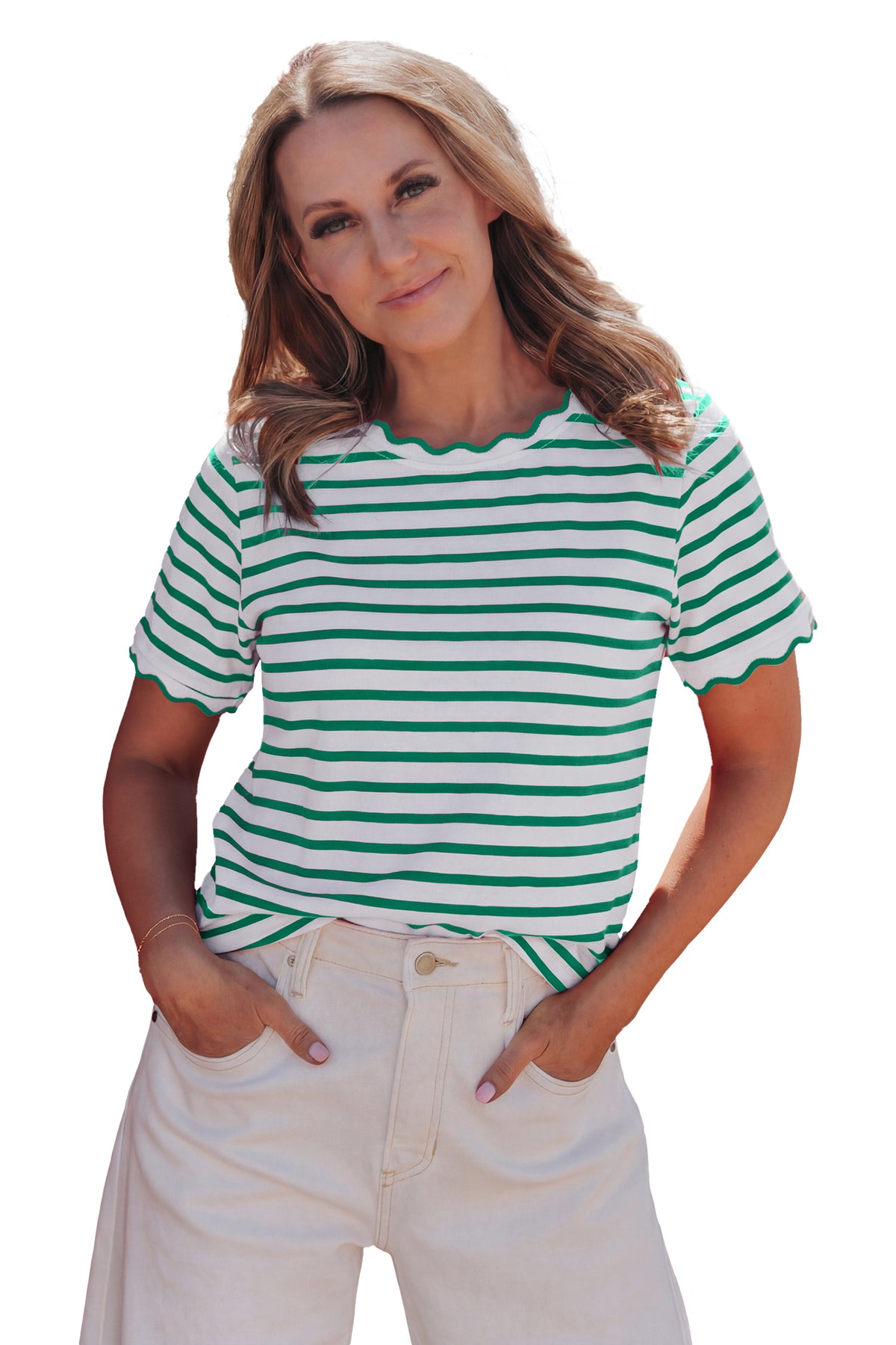 Green Stripe Scalloped Trim Round Neck T Shirt