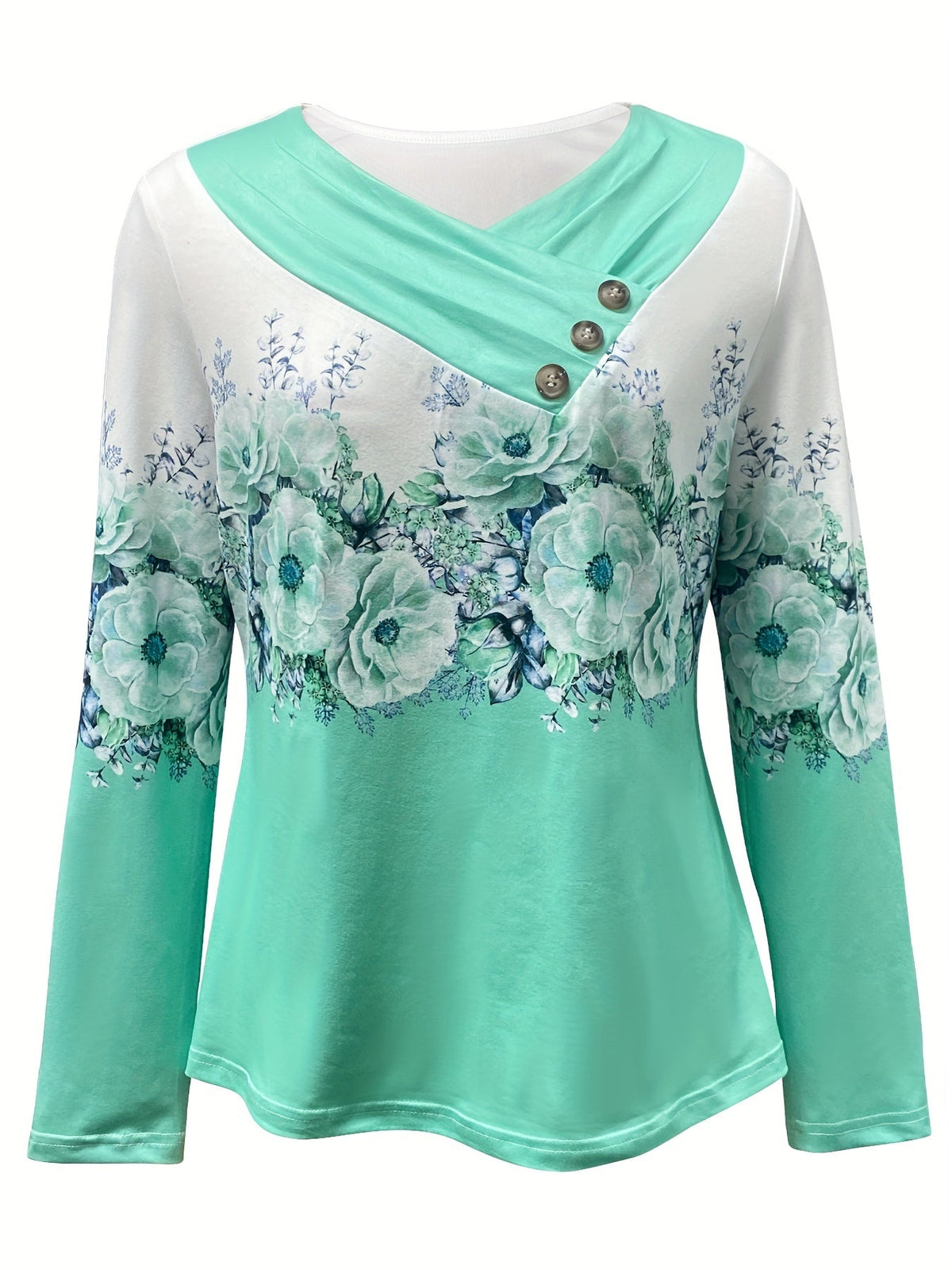 Floral Print Surplice Neck Button T-Shirt, Casual Long Sleeve T-Shirt