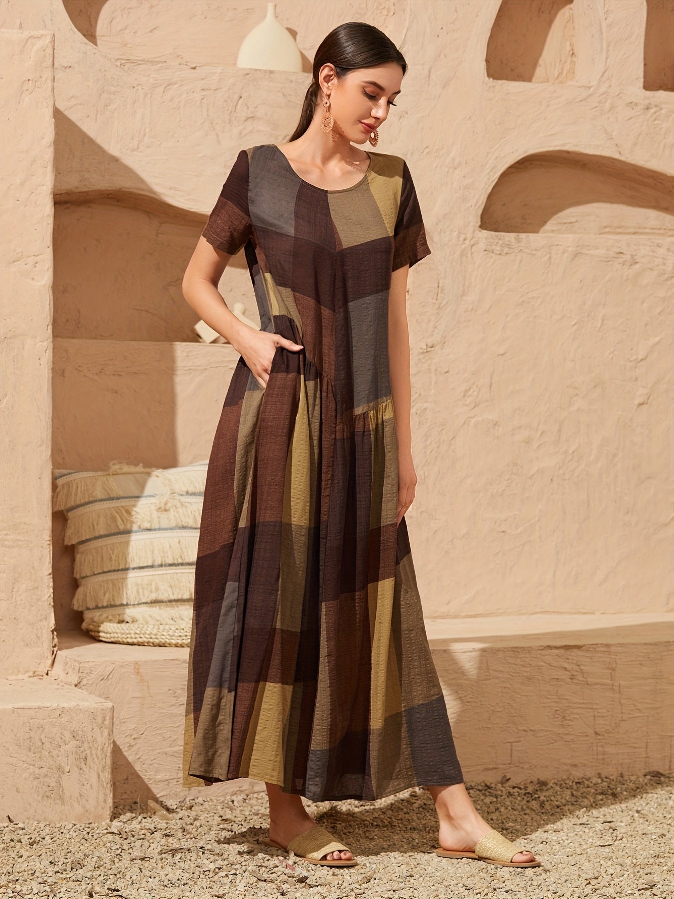 Loose Color Block Dress, Crew Neck Short Sleeve Vacation Dress, Casual Every Day Dress