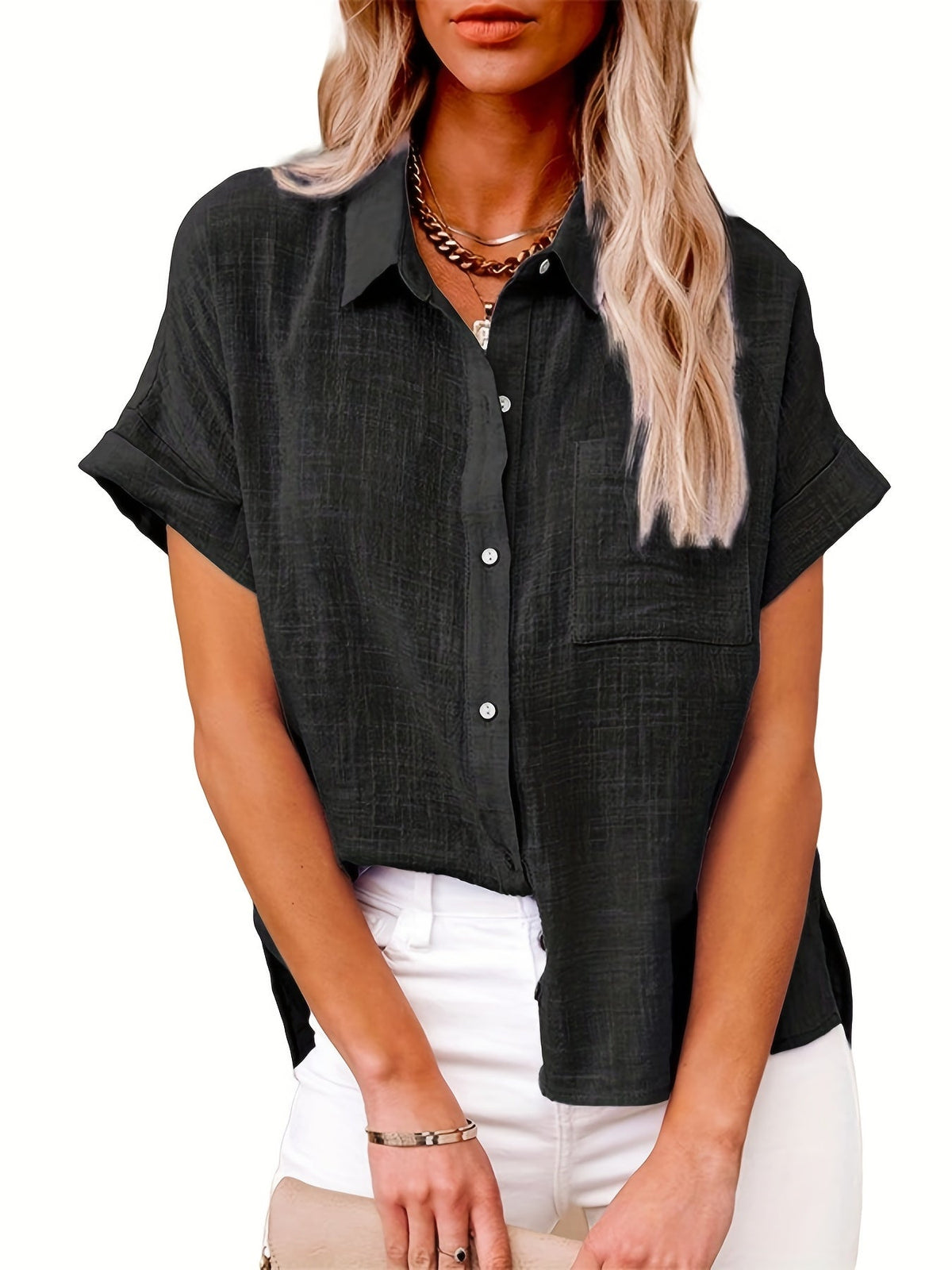 Solid Color Short Sleeve Blouse, Casual Button Front Blouse