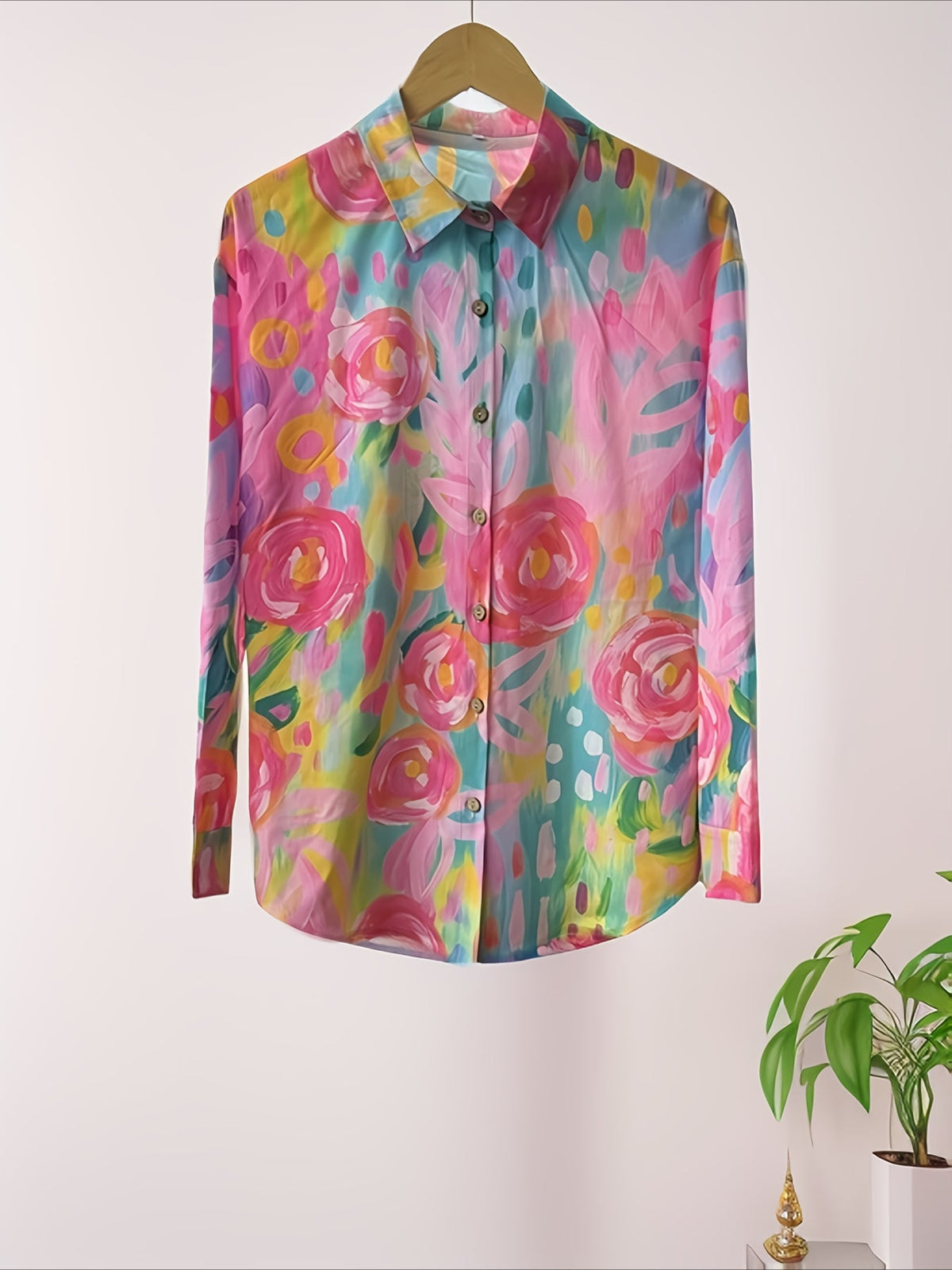 Colorful Printed Casual Single Row Button Long Sleeve Turnover Collar Top
