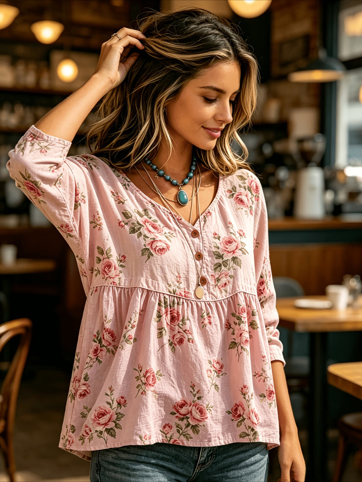 Floral Print 3/4 Sleeve V-Neck Three-Button Front Babydoll Blouse