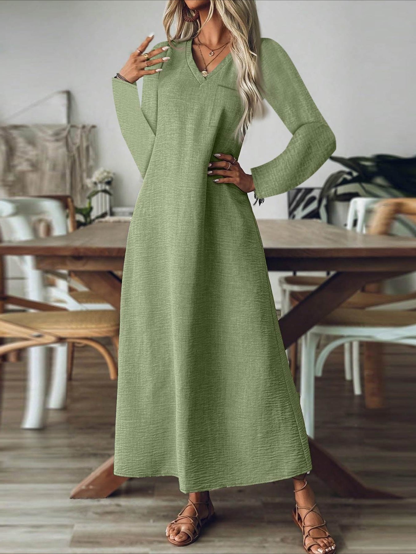 Back Zipper Solid Color Long Sleeve Cotton and Linen Dress