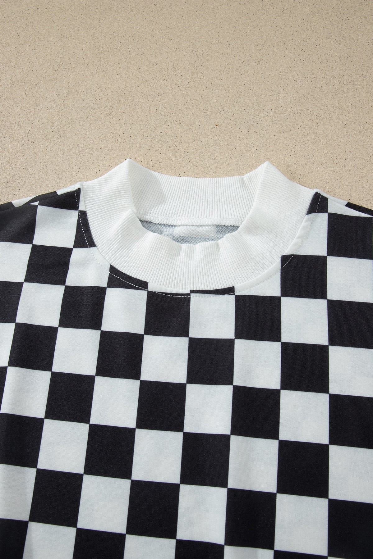 Black Checkered Print Color Block Trim Mock Neck Short Set