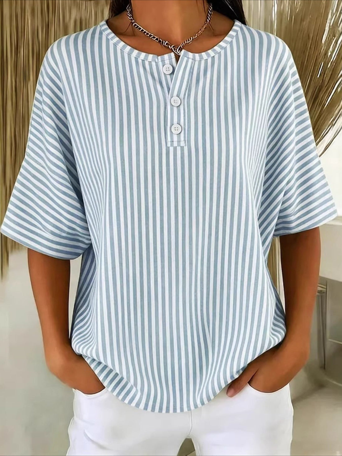 Botton Short Sleeve Loose Striped Vintage Shirt