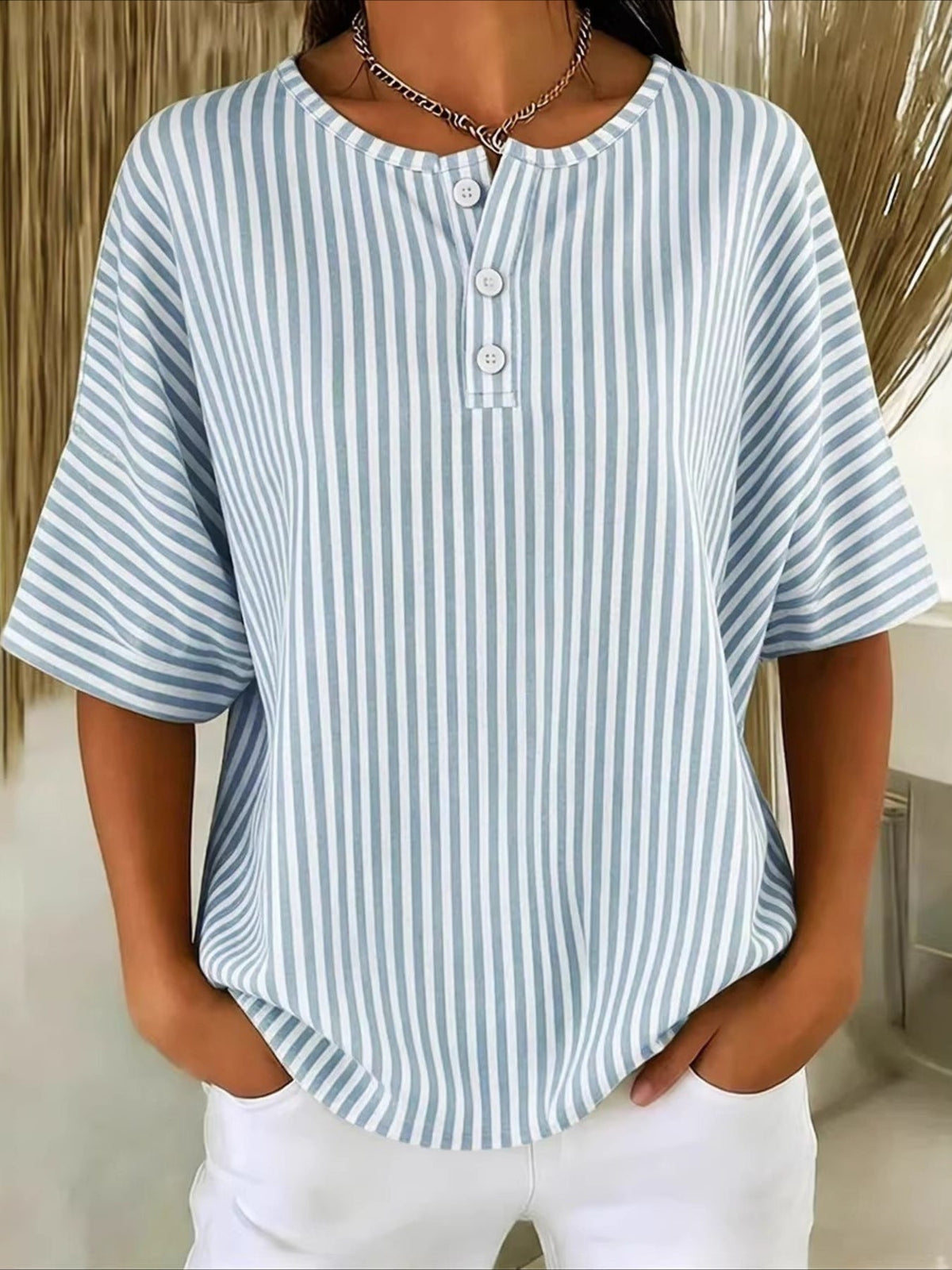 Botton Short Sleeve Loose Striped Vintage Shirt