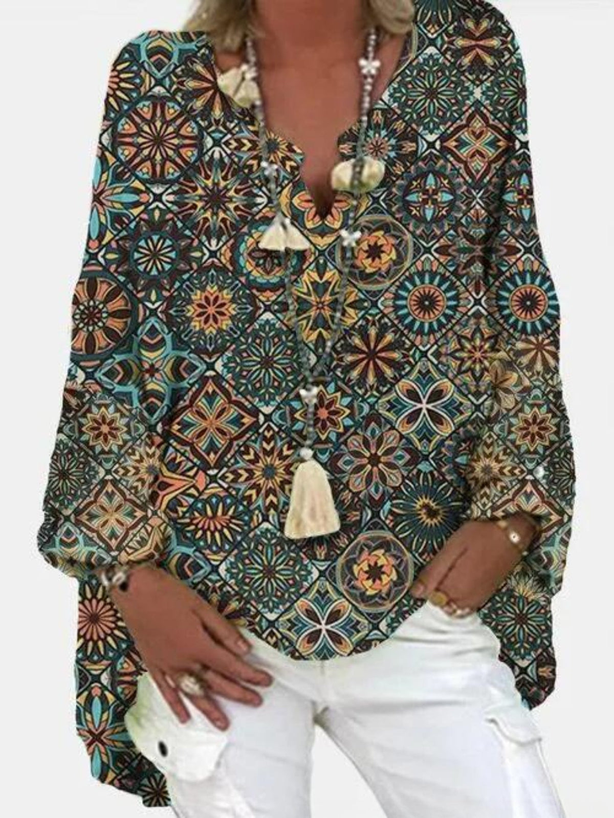 Women's Tile Print Long Sleeve Notched Neck Loose Fit T-shirt
