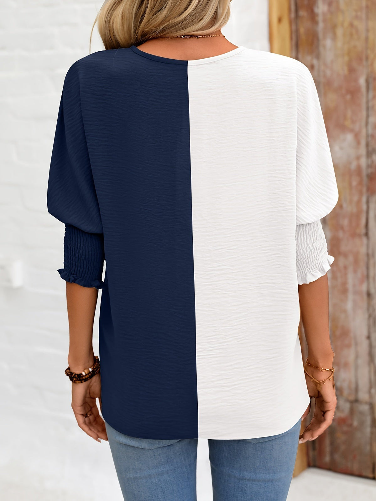 Color Block V Neck T-Shirt, Casual Shirred Lantern Sleeve T-Shirt