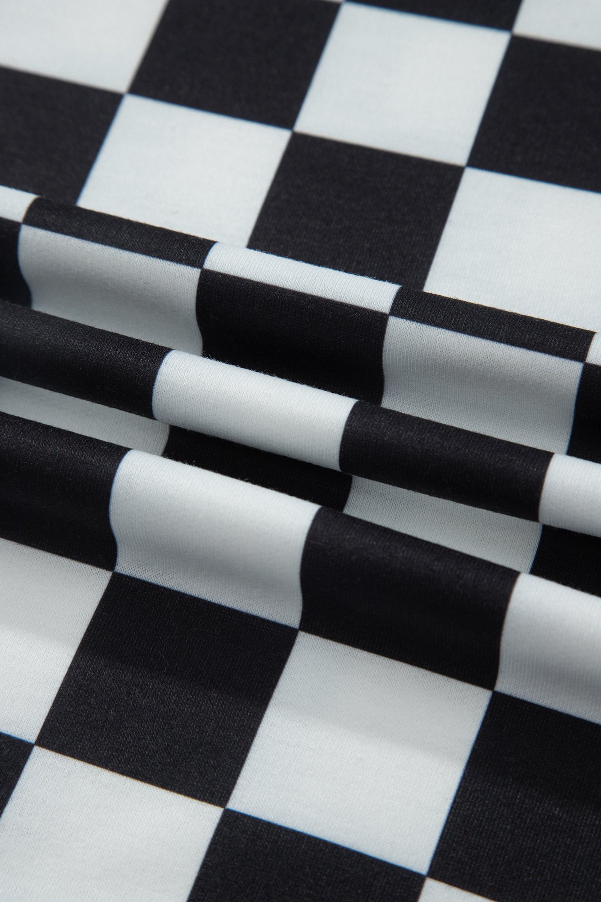 Black Checkered Print Color Block Trim Mock Neck Short Set