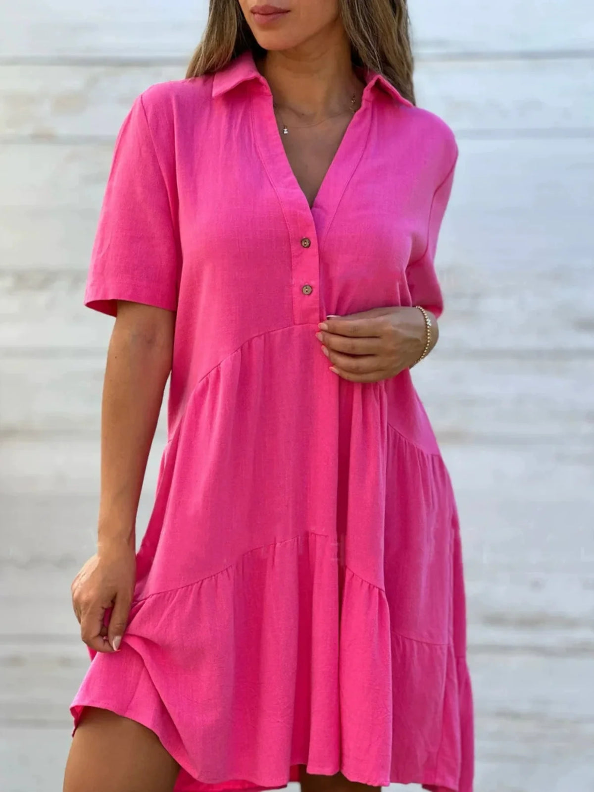 Linen Women's Summer Dress - Loose Fit, Short Sleeve, Lapel Collar, Button Front