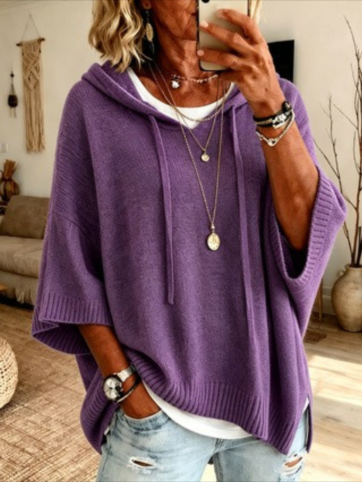 Solid Color Casual Hooded Batwing Sleeve Knit Sweater