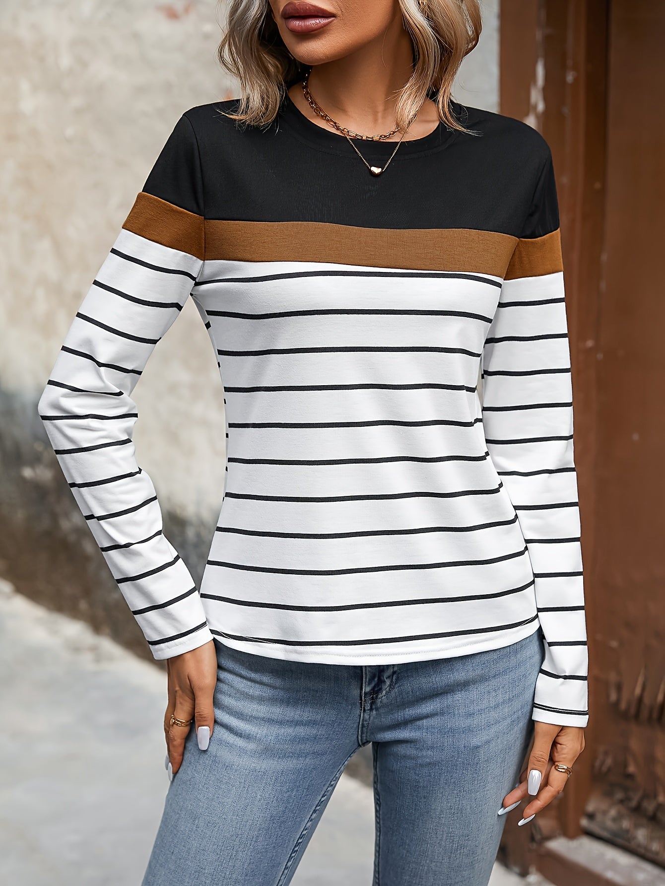 Women's Striped Color Block T-Shirt - Casual Long Sleeve Top