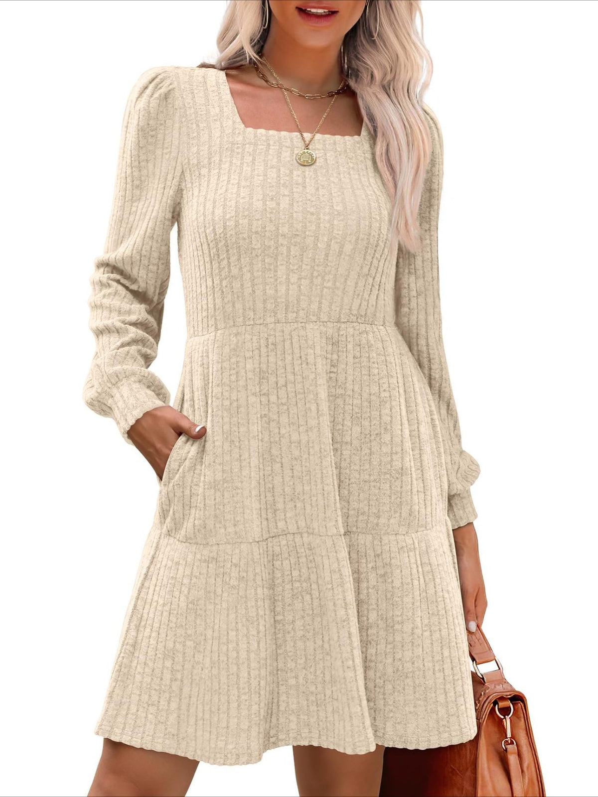 Square Neck Long Sleeve Dress with Pockets