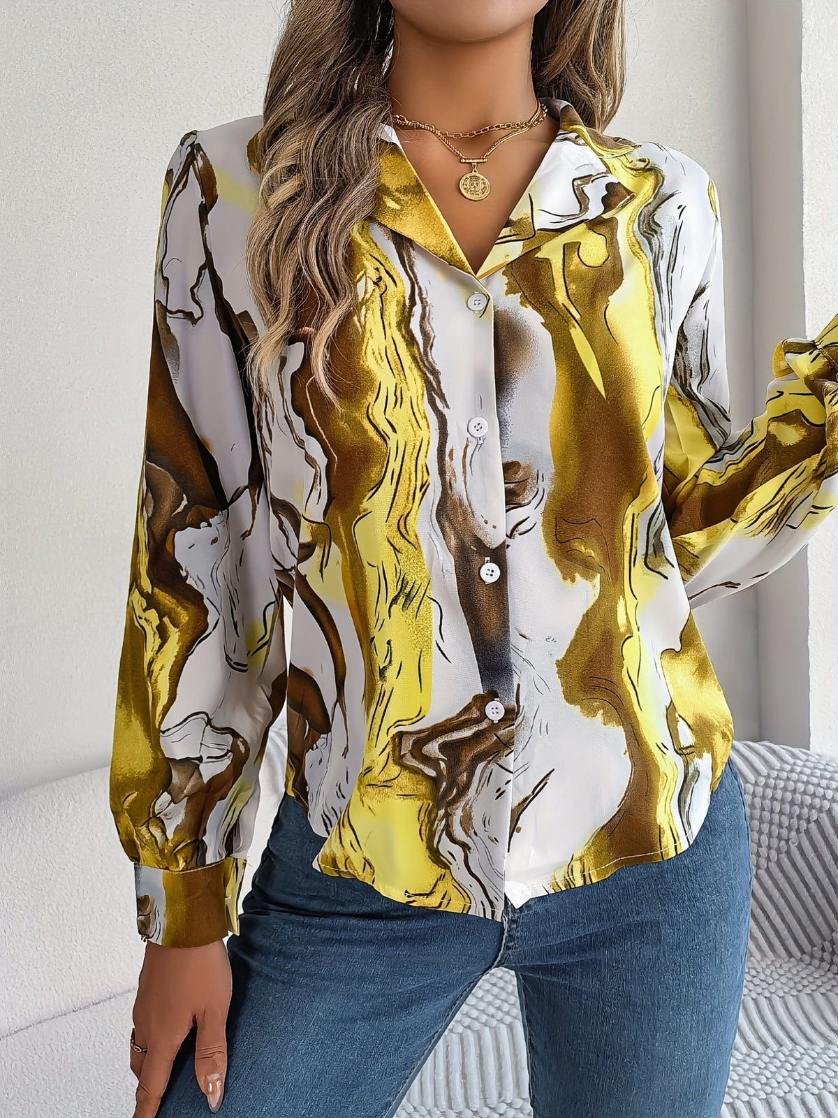 Graphic Print Button Front Shirt, Casual Long Sleeve Shirt