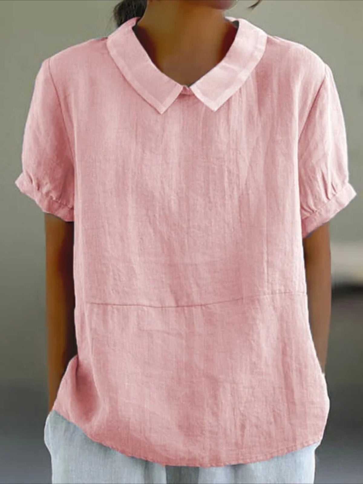 Solid Color Loose Lapel Short Sleeve Cotton Top