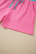 Sachet Pink Soft Ribbed Color Block Trim Casual Short Set