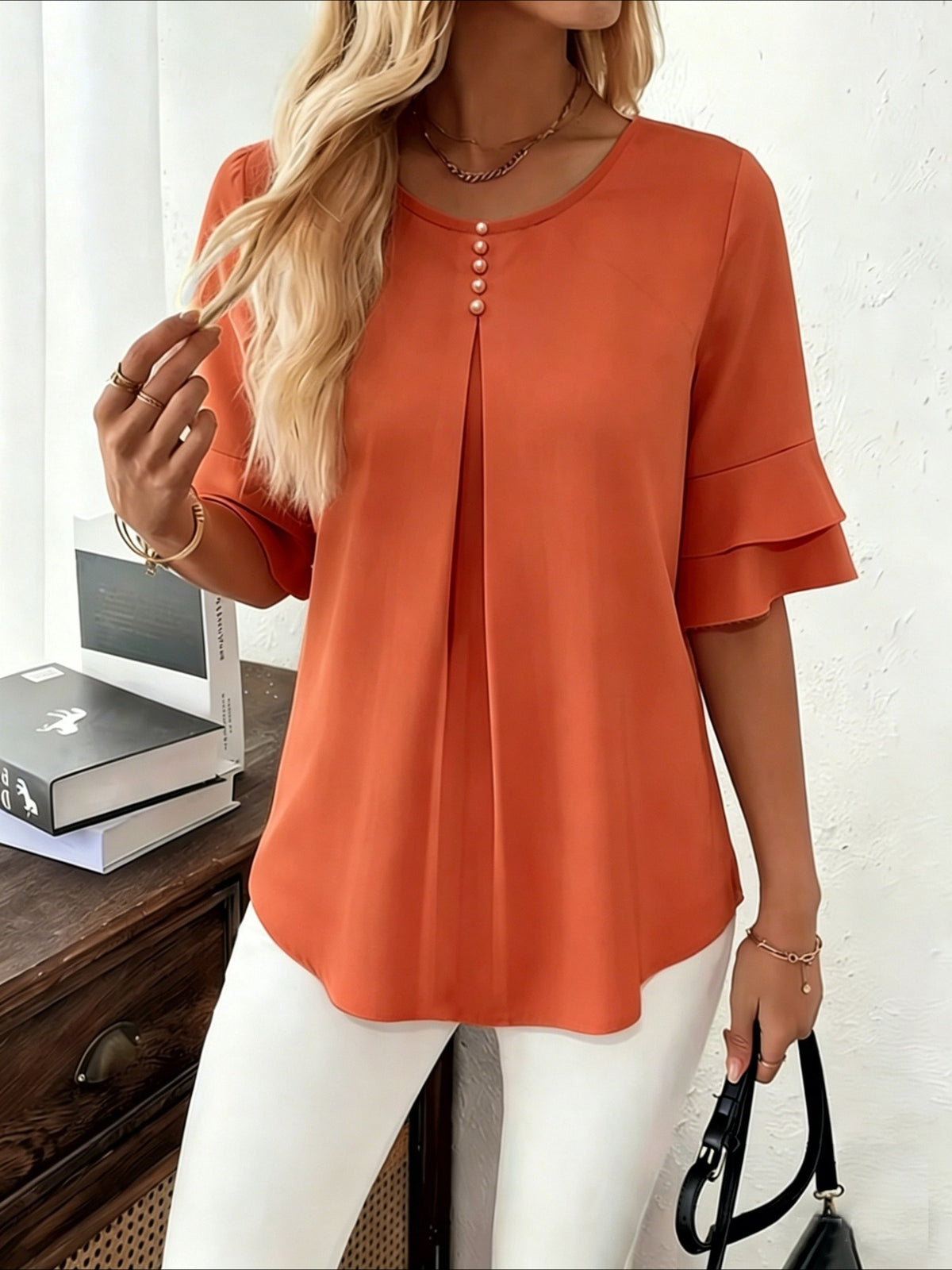 Elegant Fashion Summer Loose Solid Round Neck Button-Up Shirt Flared Sleeve Ruffle Top