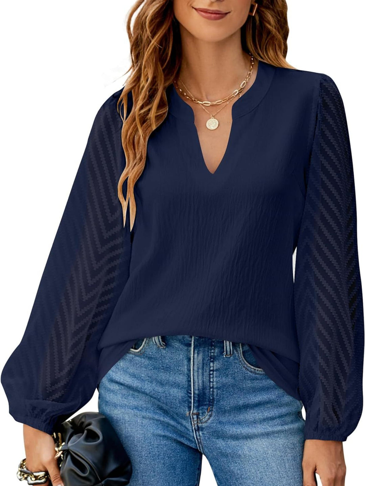 Solid Notched Neck Blouse, Elegant Lantern Sleeve Blouse
