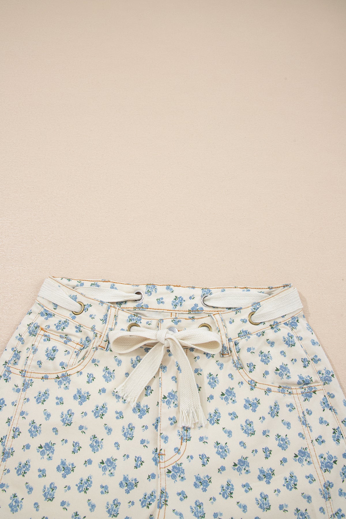 Beige Grommet Knot Waist Floral Barrel Leg Jeans