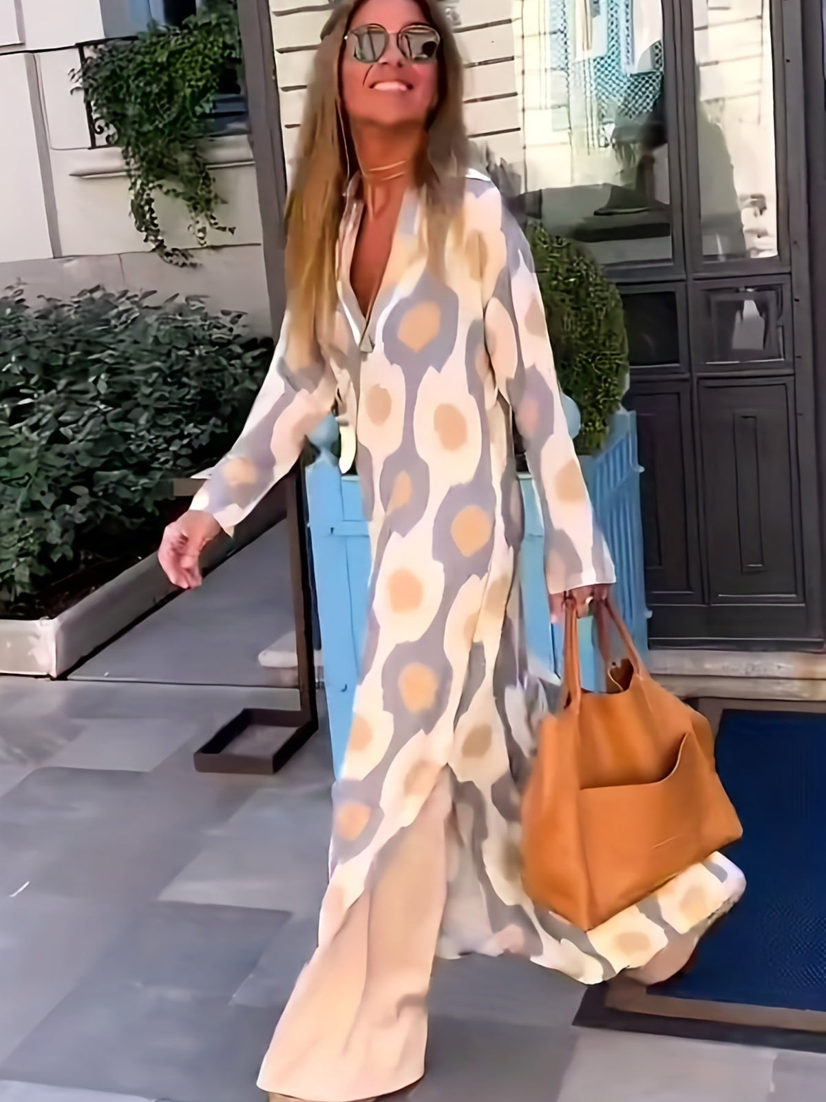 Graphic Print Split Dress, Vintage V Neck Long Sleeve Maxi Dress