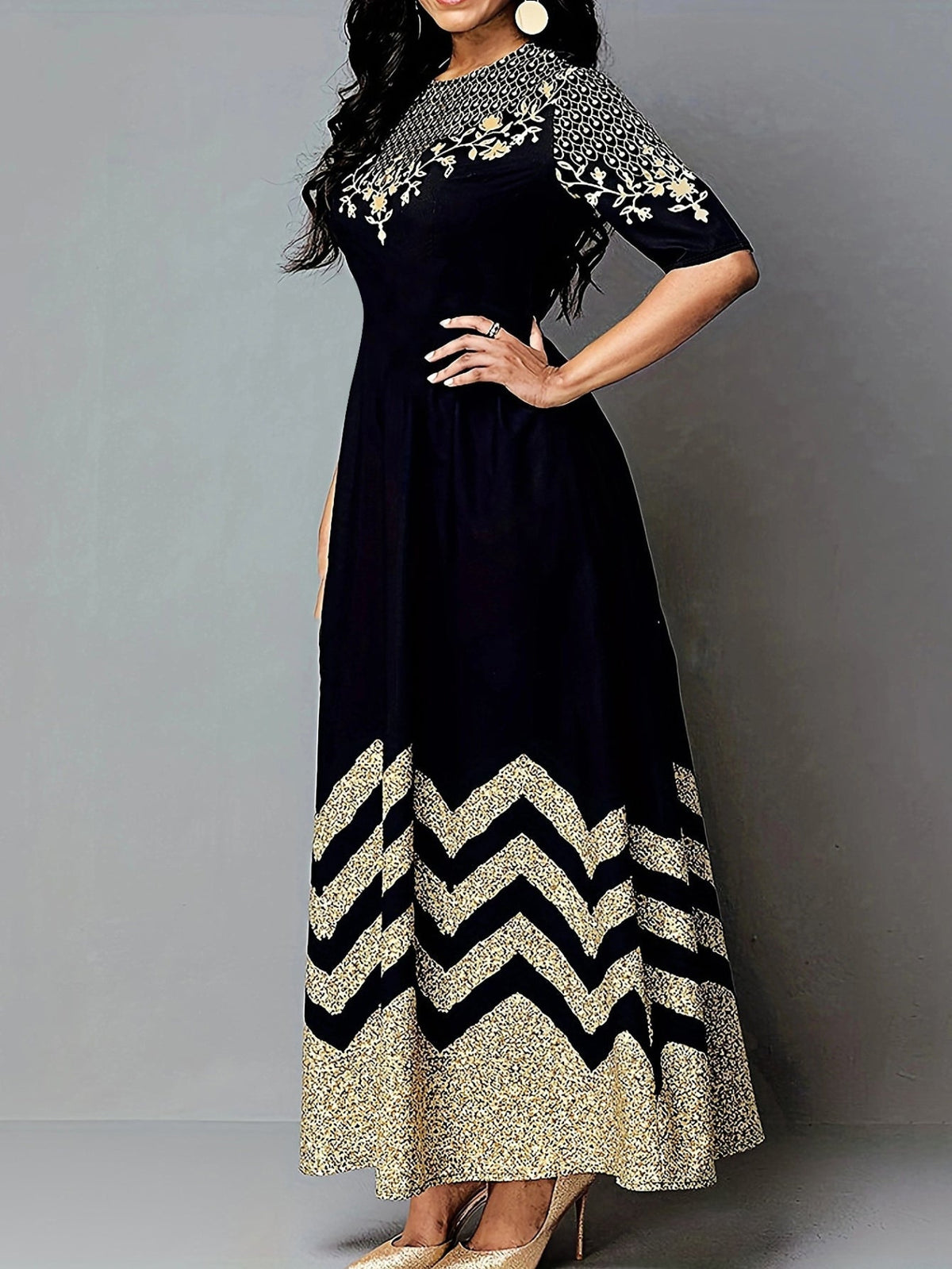Vintage Tribal Print Crew Neck Pocket Dress, Women's Short Sleeve Wave Stripe Print Dress