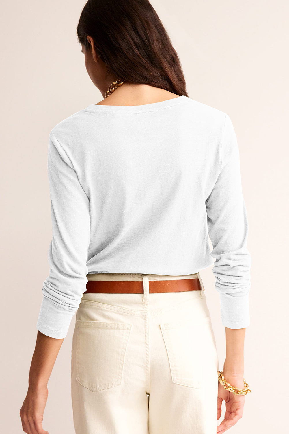 White Solid Color V Neck Long Sleeve Stretchy Top