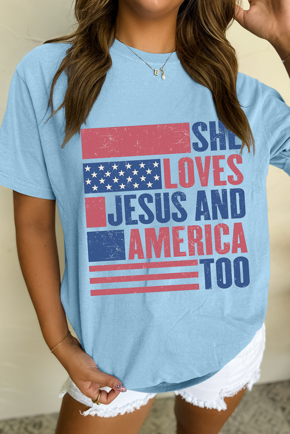 Light Blue SHE LOVES JESUS AND AMERICA TOO Flag Graphic T Shirt