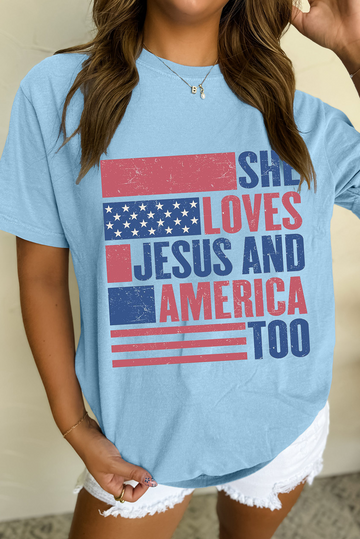 Light Blue SHE LOVES JESUS AND AMERICA TOO Flag Graphic T Shirt