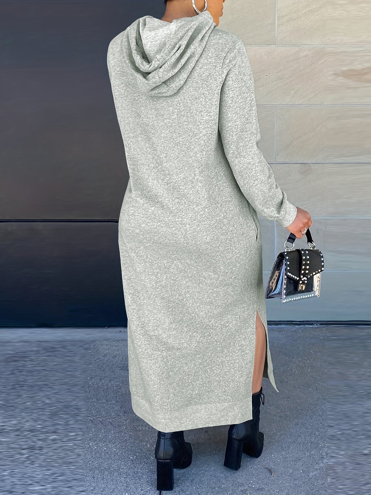 Drawstring Split Dress, Casual Hooded Long Sleeve Maxi Dress