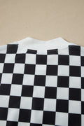 Black Checkered Print Color Block Trim Mock Neck Short Set