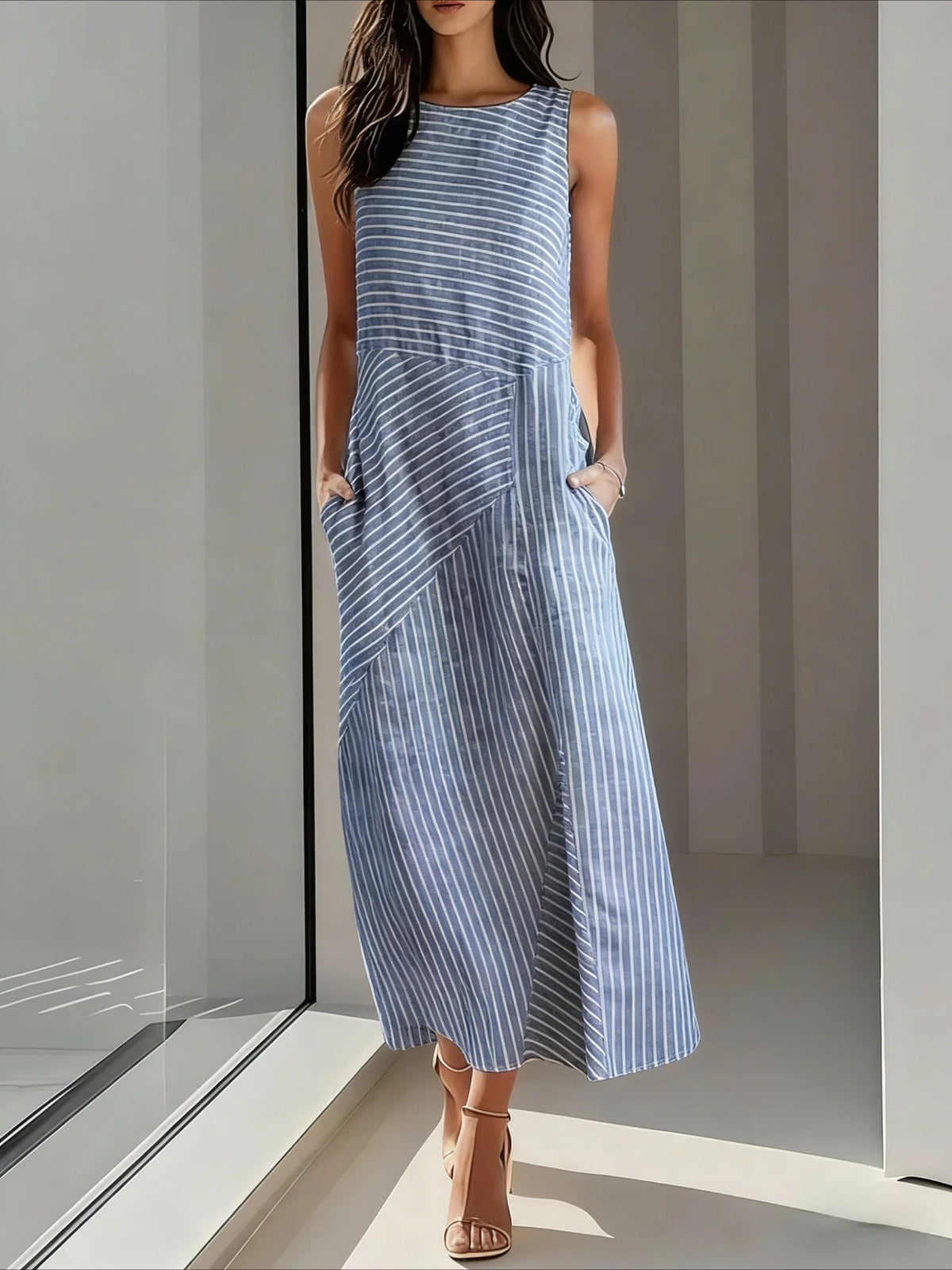 Striped Crew Neck Sleeveless Tank A-Line Dress