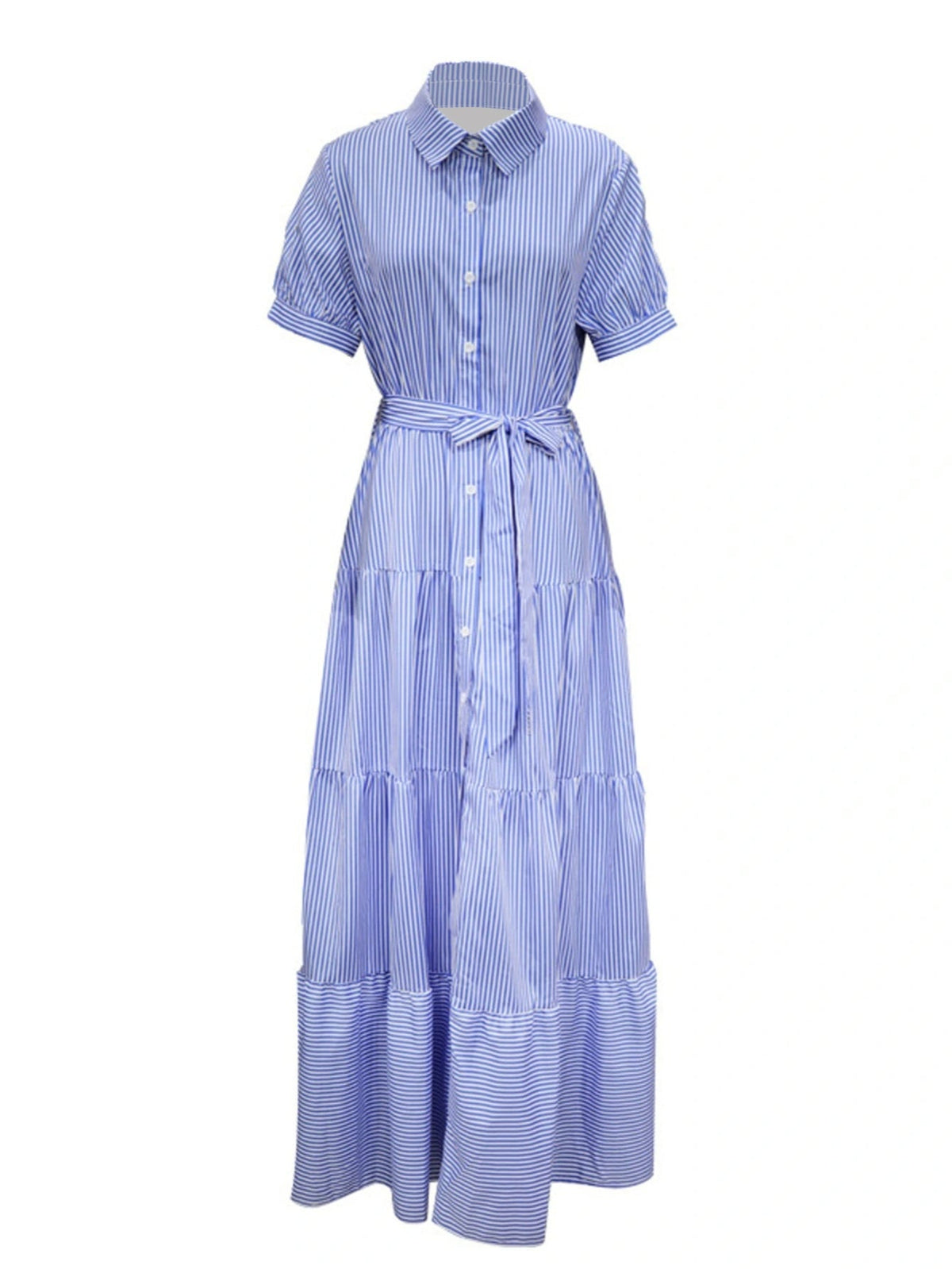 Button Front Short Sleeves Vibrant Striped Tunic Shirt Maxi Dress