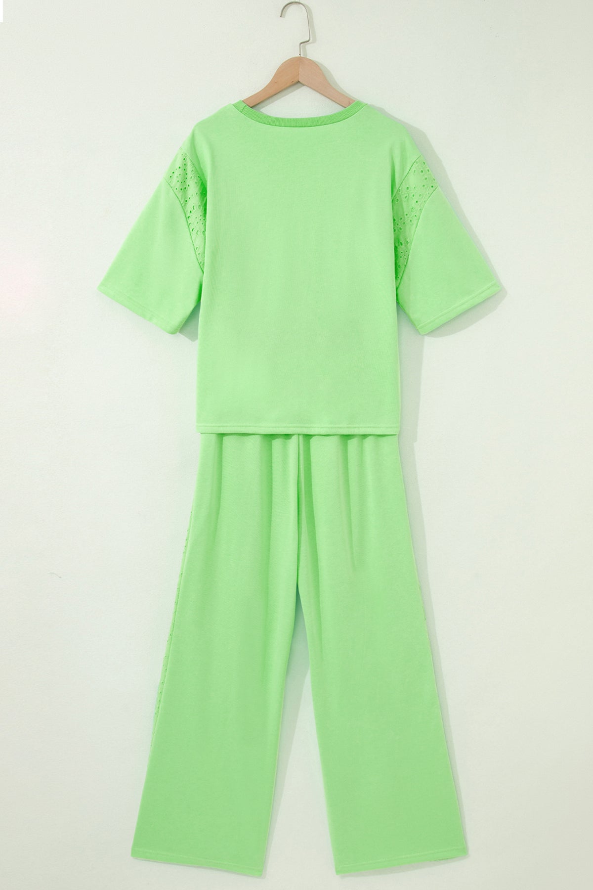 Light Green Lace Patchwork Half Sleeve Top Elastic Waist Pants Two Piece Set