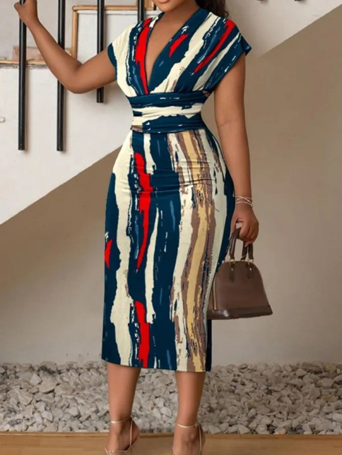 Patchwork Print V Neck Dress, Elegant Short Sleeve Dress