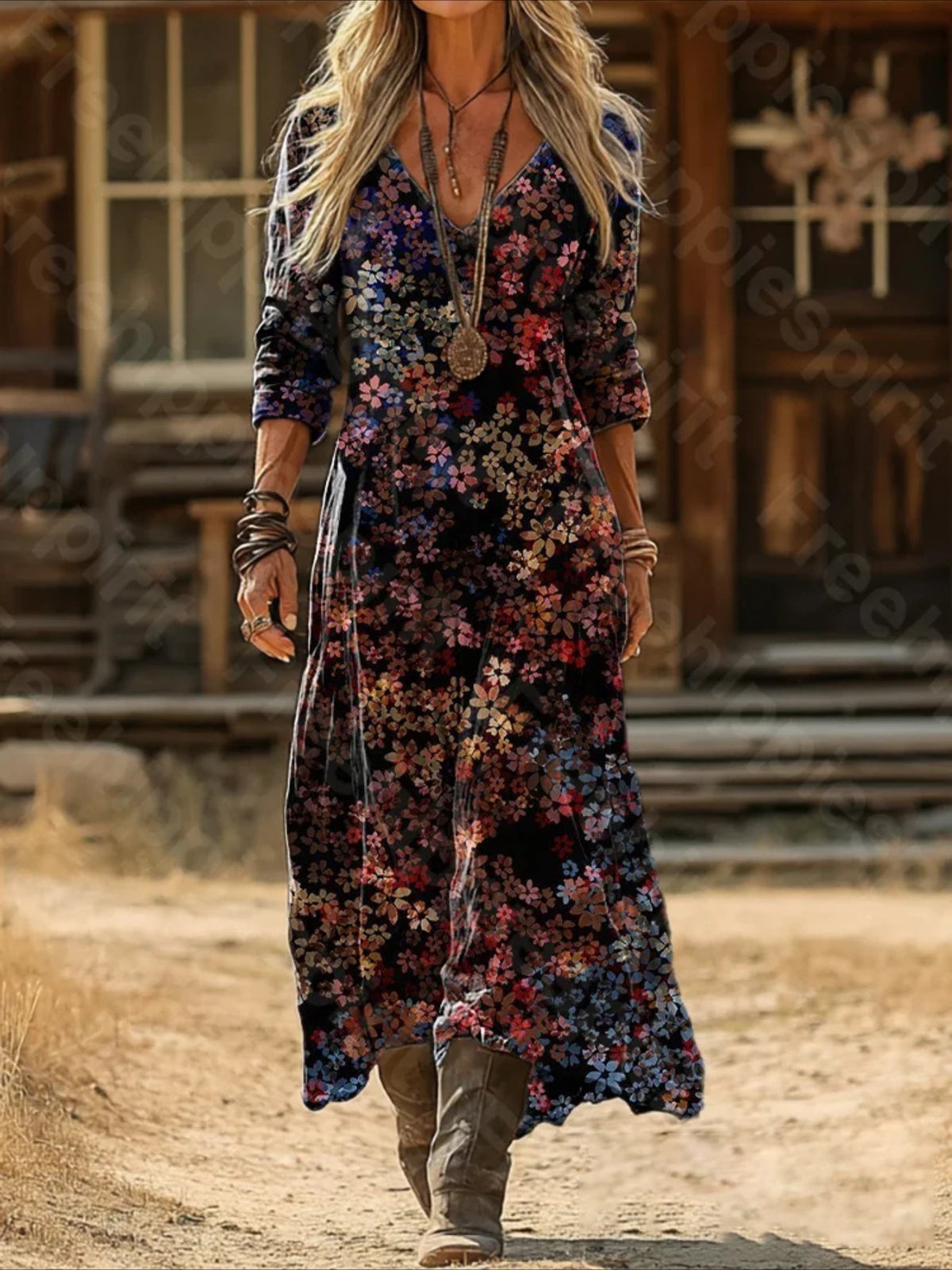 Vintage Ethnic Floral Digital Print Long Sleeve Dress